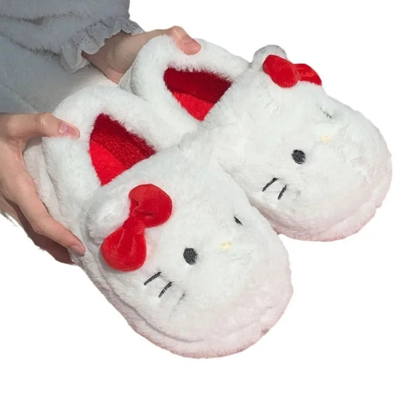 Non-slip warm slippers with funny cartoon design for home interior.