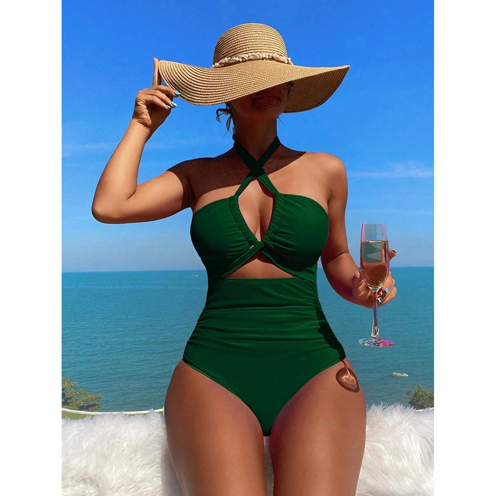 Drawstring One-piece Women Swimsuit 2025 Swimwear Female High Waisted Bikini Bandeau Halter Bathing Suit Swimming for Monokini