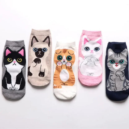 5 Pairs/Set Cute Kitten Print Ankle Socks, Perfect for Daily Fashion