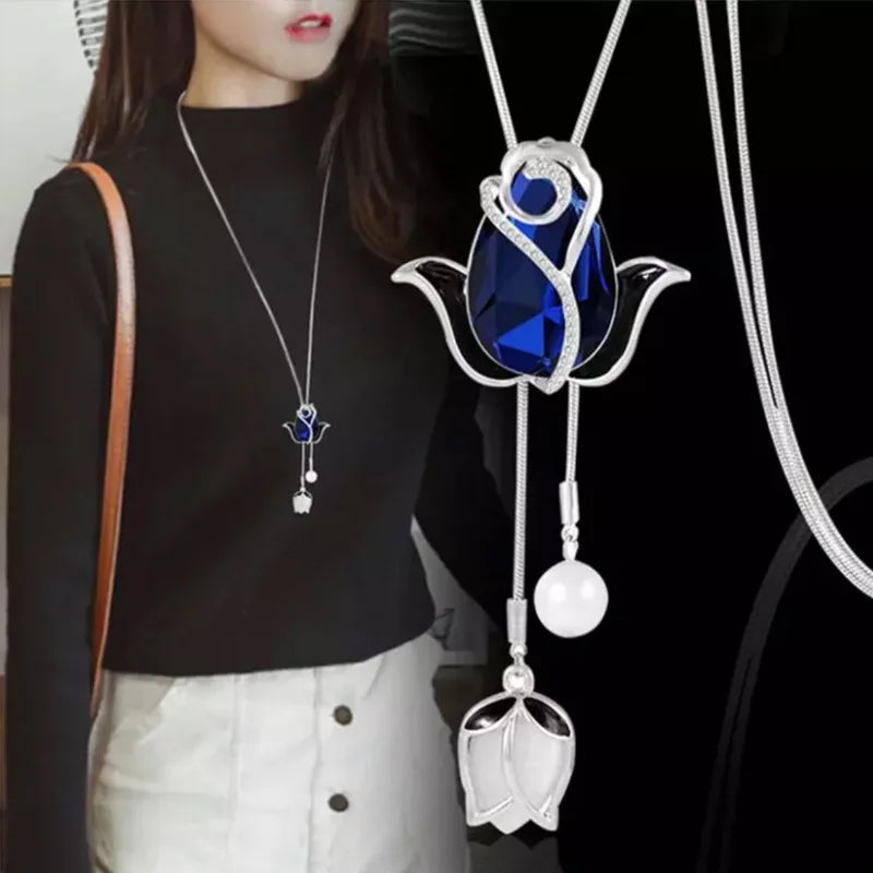 Fashion Unique Hollow Crystal Blue Shampee Tulip Pendant Sweater Necklace Silver Color Chain Long Necklace for Women