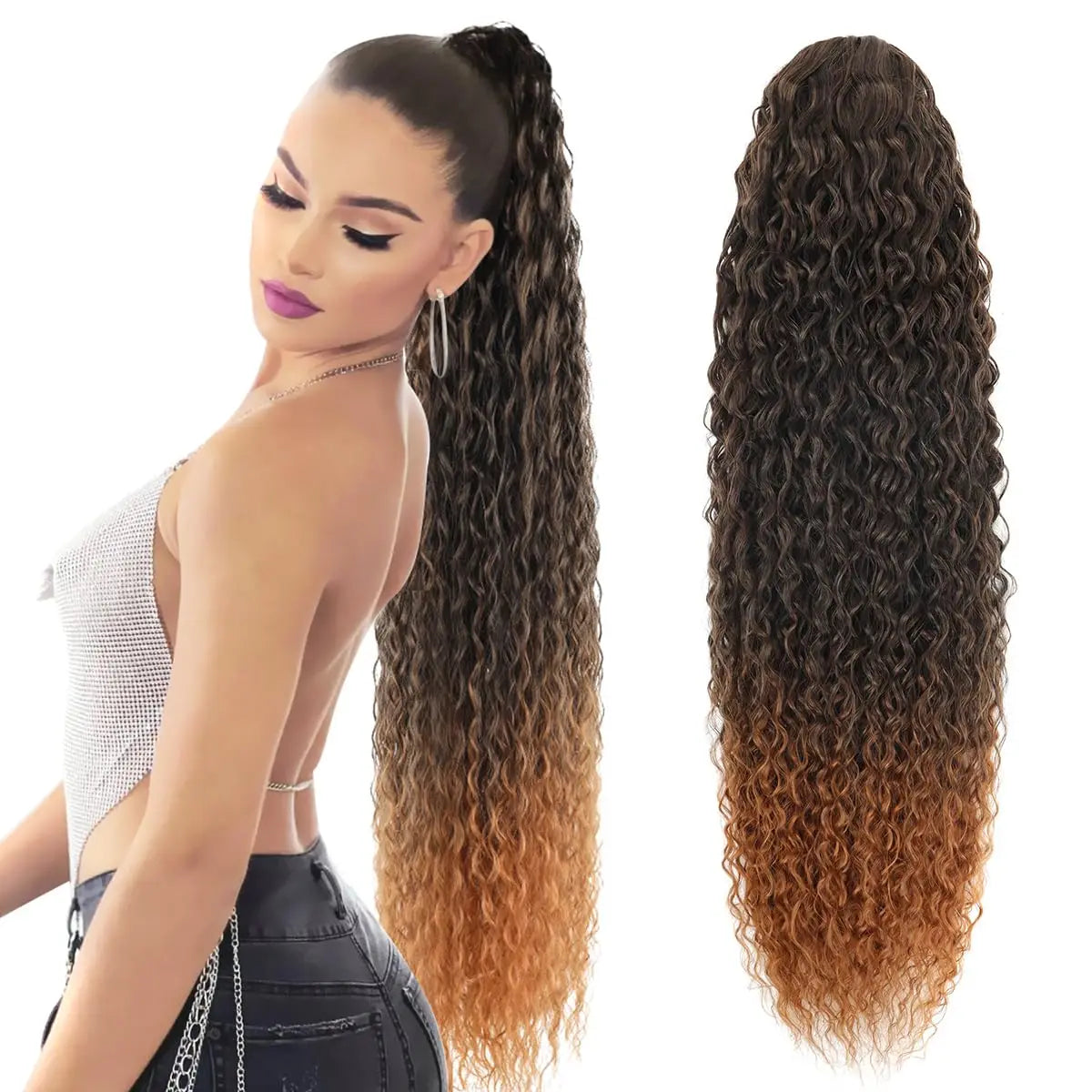 22Inch Synthetic Curly Ponytail Hair Extensions For Women Black Drawstring Ponytail Hair Extension Natural Water Wave Ponytail