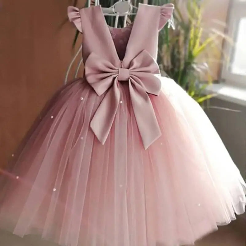 Toddler Girl Flower Birthday Tulle Dress Backless Bow Wedding Gown Kids Party Wear Princess Blue Dress Baby Girl Bowknot Dresses