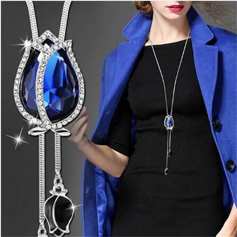 Fashion Unique Hollow Crystal Blue Shampee Tulip Pendant Sweater Necklace Silver Color Chain Long Necklace for Women