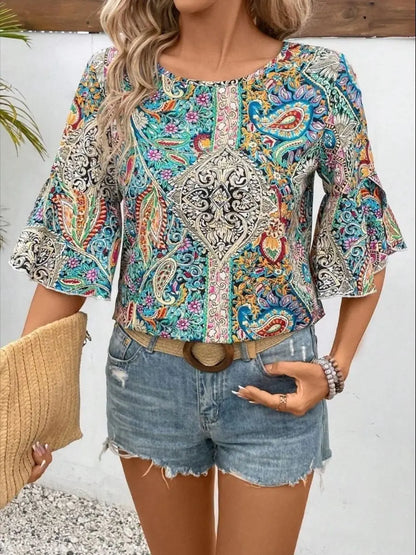 Paisley Print Flare Sleeve Blouse Vintage Crew Neck Blouse For Spring  Fall Women's Clothing