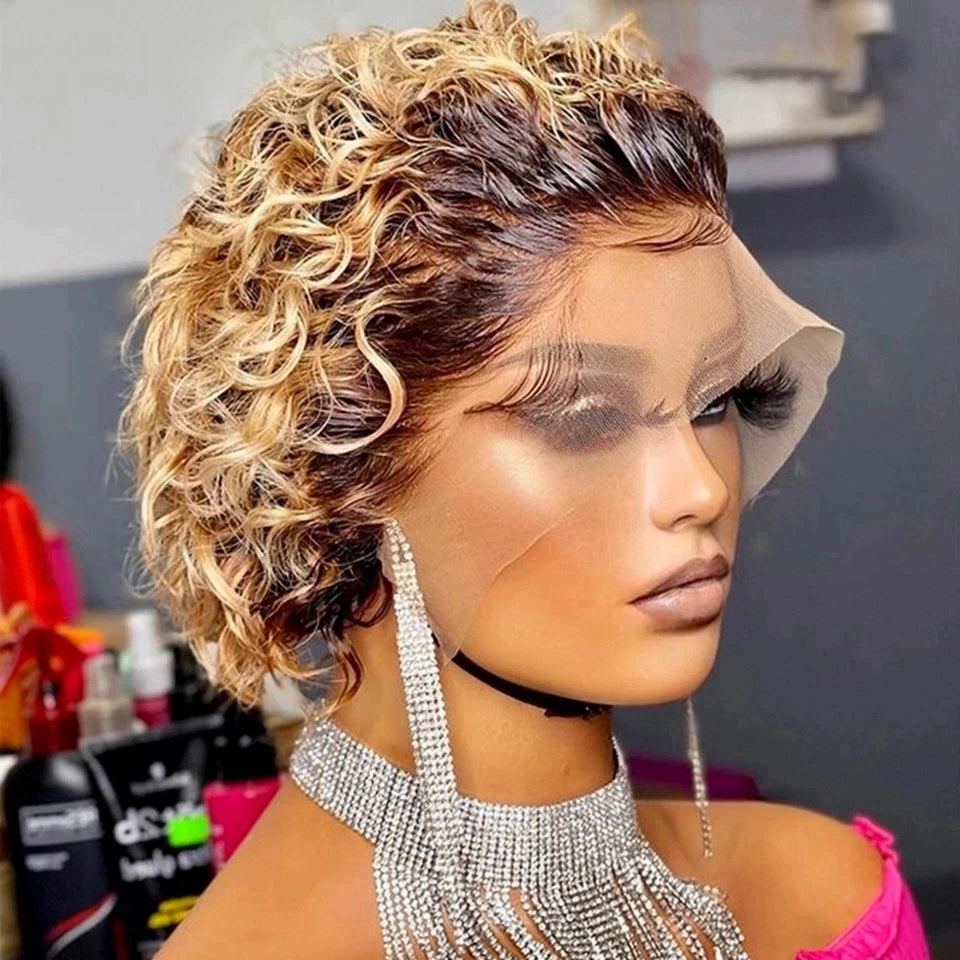 Pixie Cut Wig 99J Color Lace Wig Spring curl Short Bob Human Hair Wig For Women Natural Black Color Blonde Jarin Hair Cheap Wig