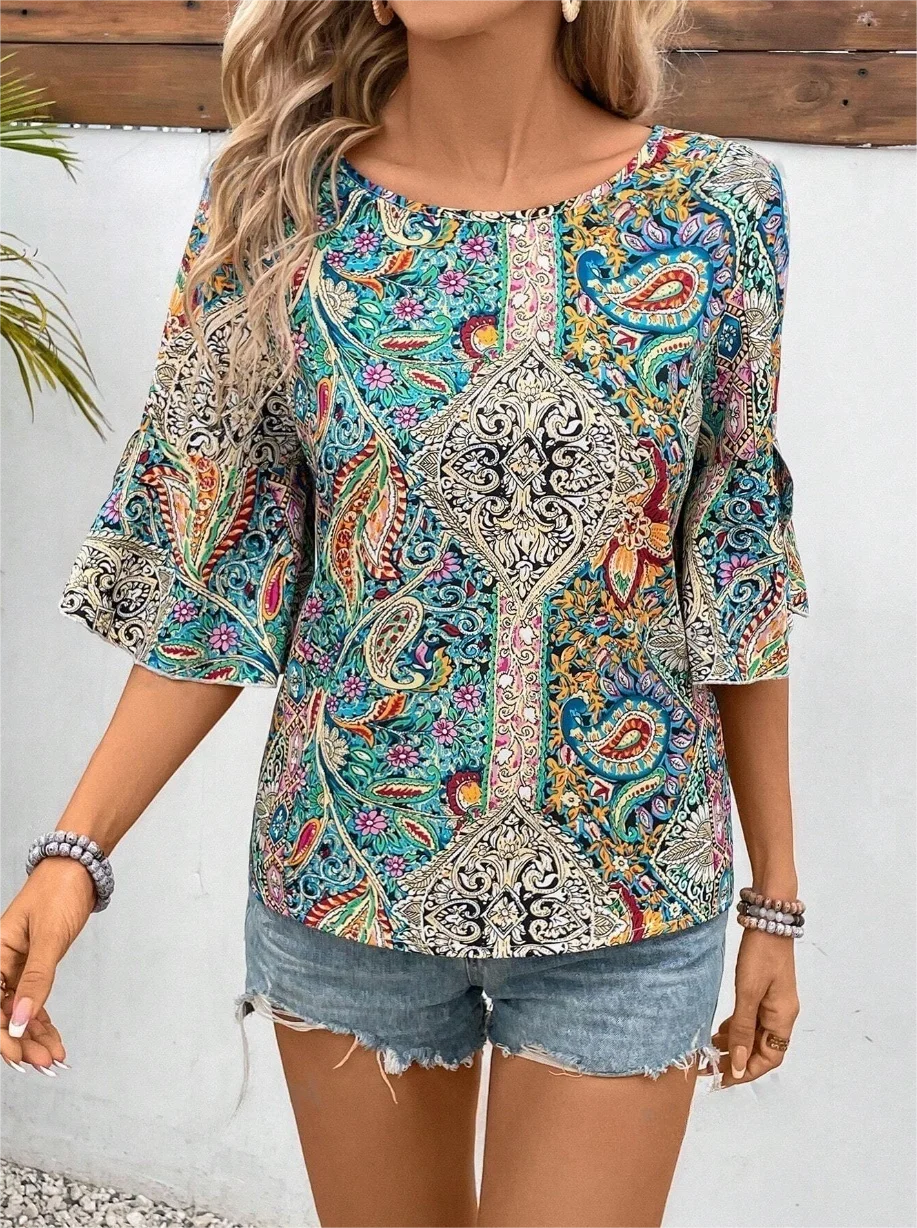 Paisley Print Flare Sleeve Blouse Vintage Crew Neck Blouse For Spring  Fall Women's Clothing