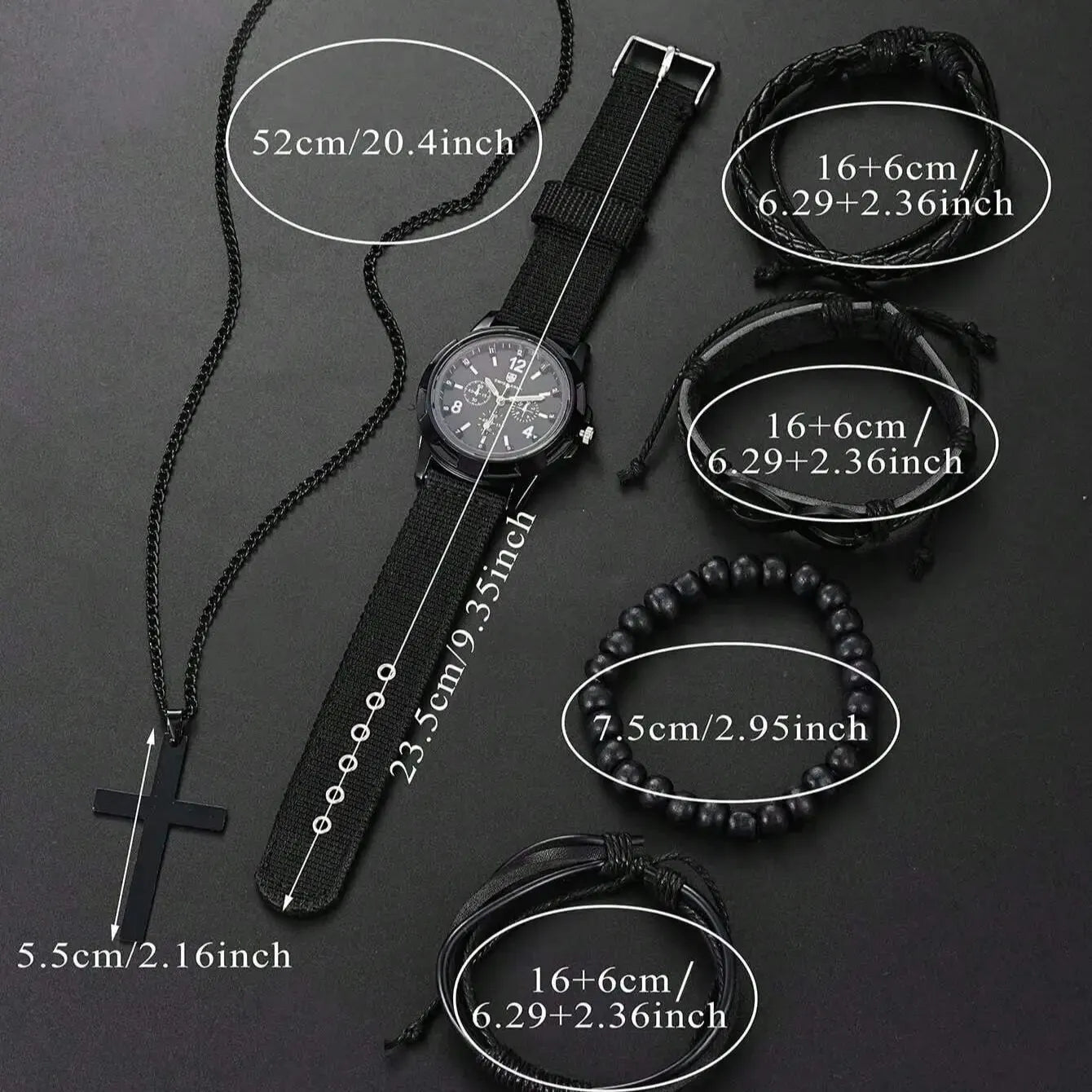 6pcs_Set Fashionable Pu Leather '8' Shape Beaded Bracelet With Mechanical Watch, Cross Pendant Necklace For Men, Black-Colored