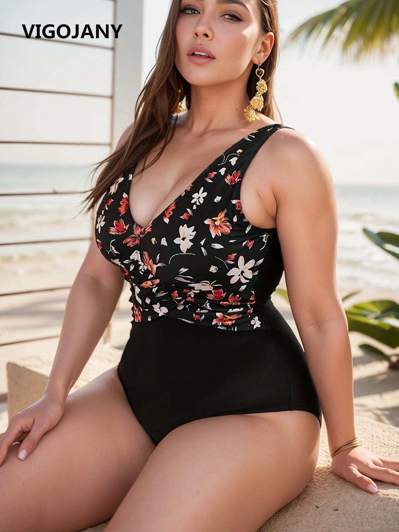 VigoJany Floral Print Plus Size Swimwear Women 2025 Large One Piece Swimsuit Ladies V Neck Backless Chubby Big Bathing Suit Swim