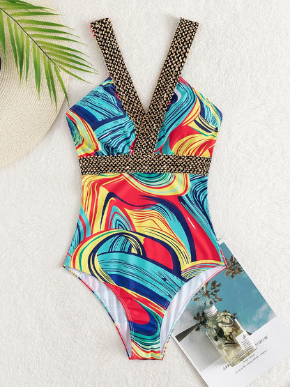 Vigoashely 2025 Sexy Print Strapped Swimwear Women Push UP One Piece Swimsuit Monokini Backless Hollow Summer Bathing Suit