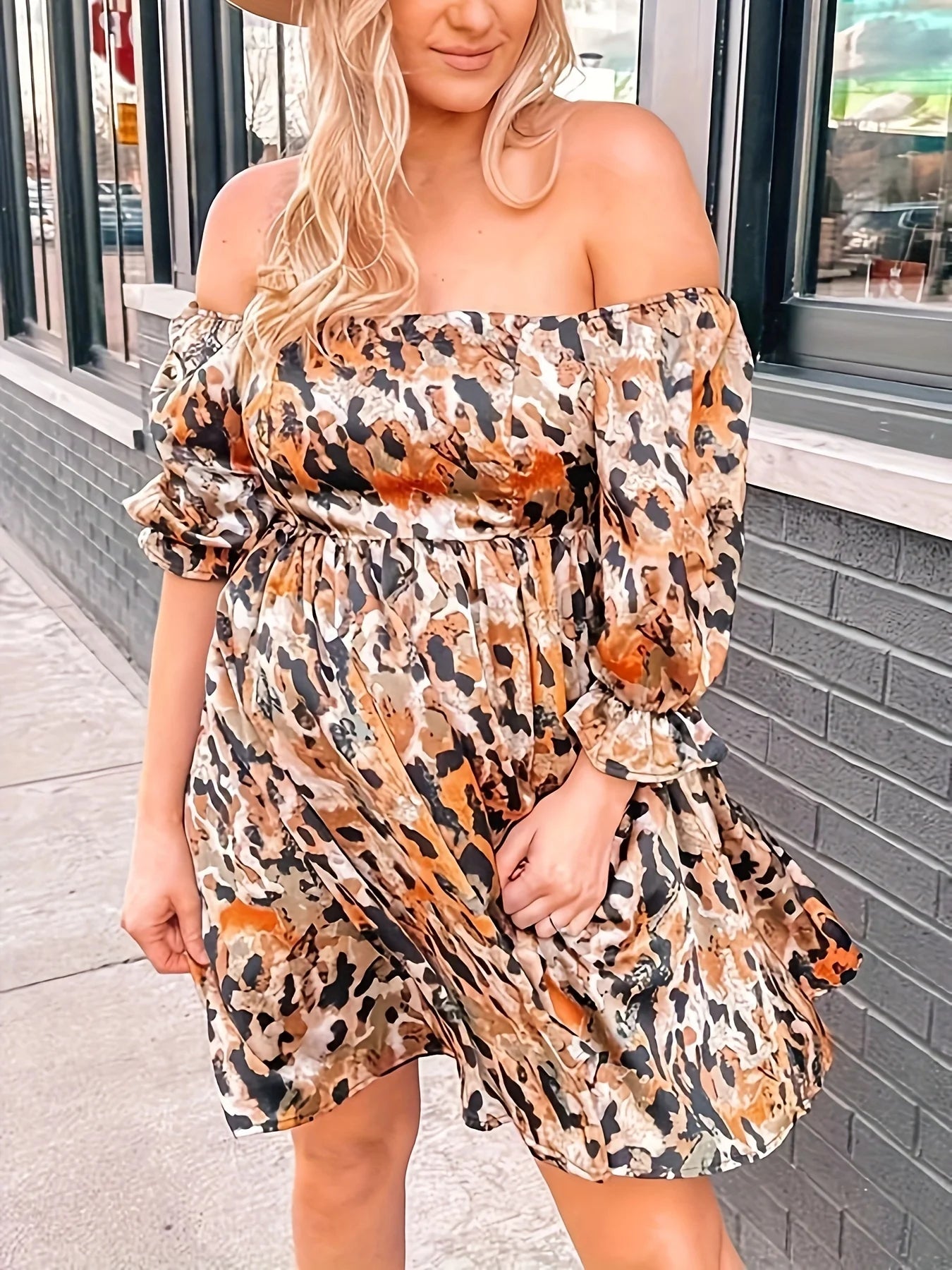 Plus size spring and summer clearance burst a line collar leopard print dress burst a big clearance a line collar half sleeve