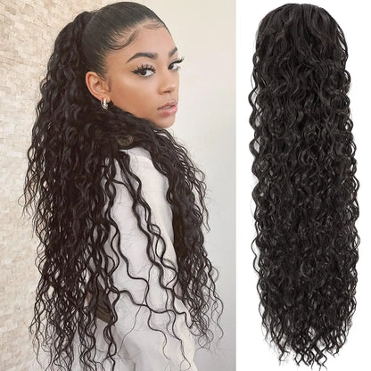 22Inch Synthetic Curly Ponytail Hair Extensions For Women Black Drawstring Ponytail Hair Extension Natural Water Wave Ponytail