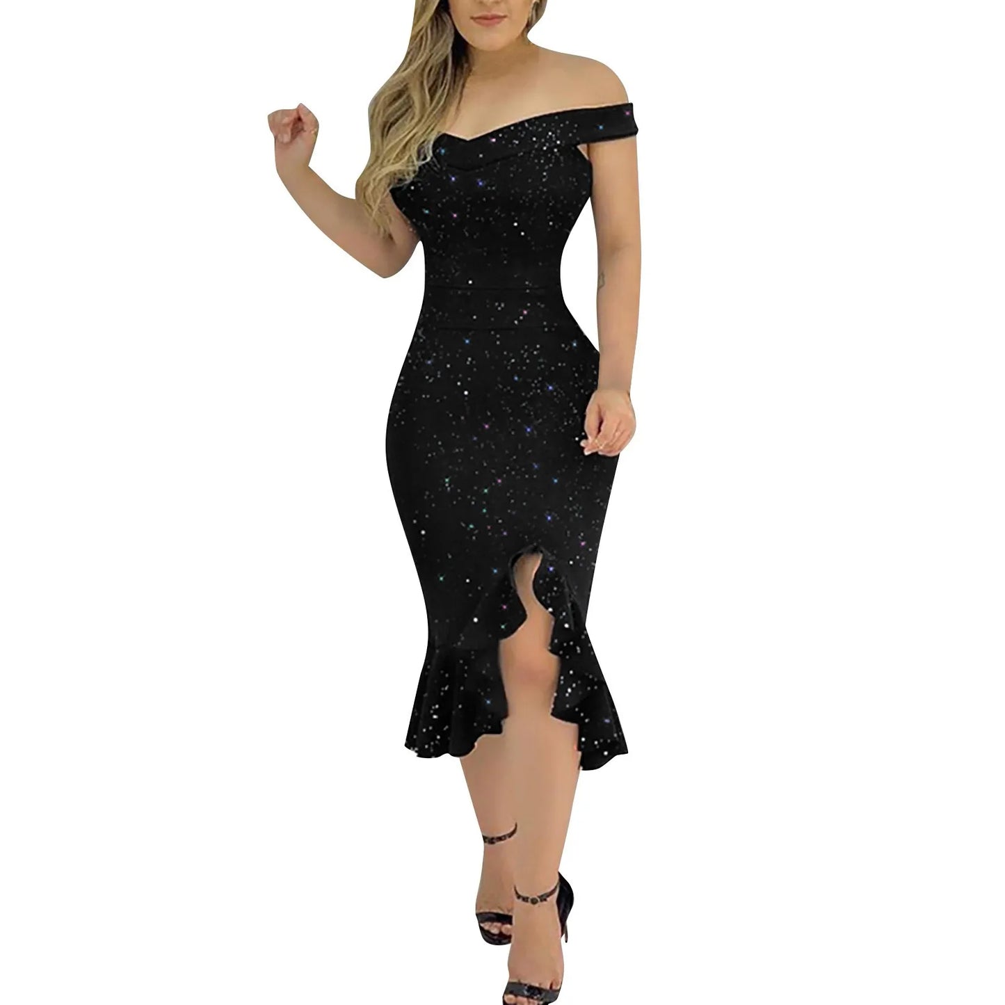 Women's Fashion Sexy Summer Off Shoulder  Short Sleeve Sequin Ruffle Irregular Dresses Elegant Dresses For Women Woman Clothing