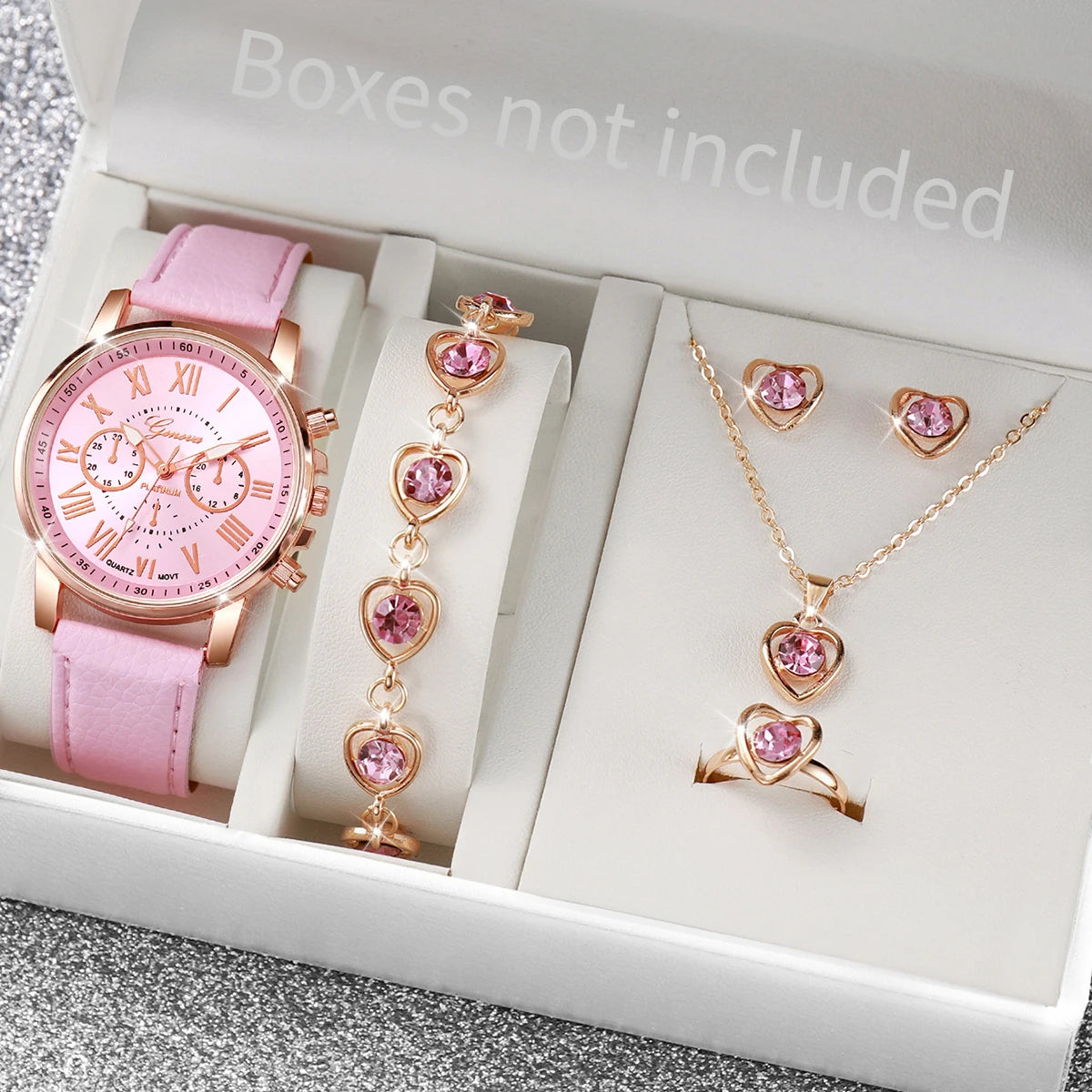 6PCS/Set Fashion Women's Quartz Watch Leather Band Analog Wrist Watches Heart Rhinestone Jewelry Set(Without Box)