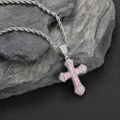 Hip Hop Pink/Blue/Red  Colorful Zirconium Cross Pendant For Necklace Personalized Square Stone Full Of Bling Ice Necklace