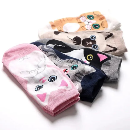 5 Pairs/Set Cute Kitten Print Ankle Socks, Perfect for Daily Fashion