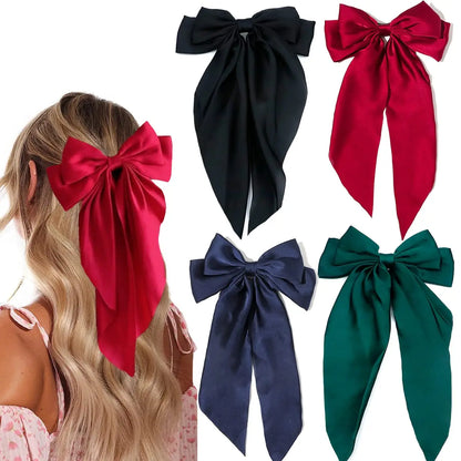 4Pcs Women Large Bow Hair Clip Girls Chiffon Big Bow Hairpins Satin Barrette Women Solid Color Ponytail Clip Hair Accessories