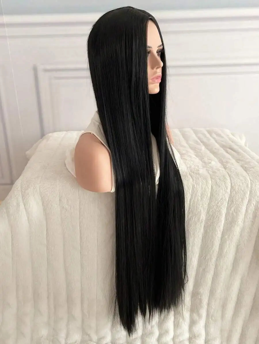 woman's black super long 40Inch synthetic wig with long straight hair with no bangs in the middle is suitable for Halloween part