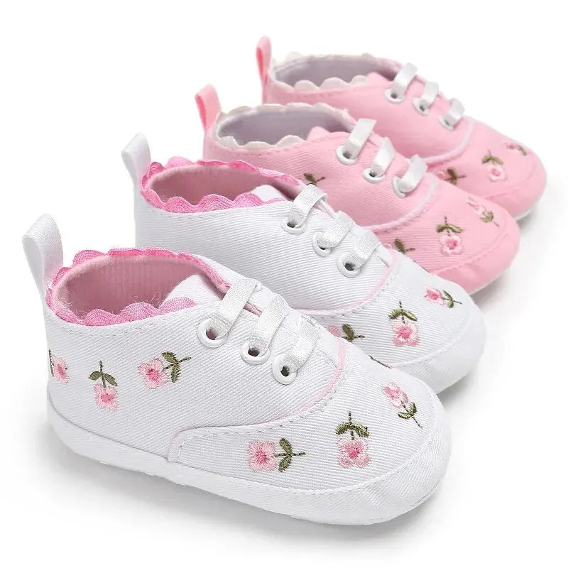 Meckior Newborn Baby Girl Casual Canvas Shoes Flower Cotton Sole Non-slip Baby Shoes Female Infant First Walkers Crib Shoes