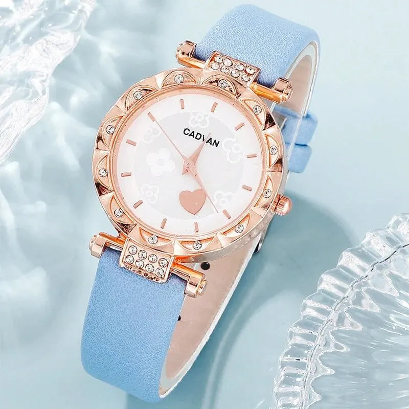 Conjunto de reloj de moda para mujer con correa de cuero, cuarzo elegantes.