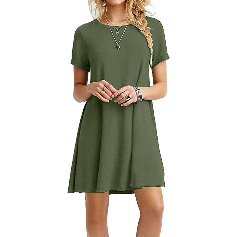 Women Casual Short Sleeve T Shirt Dress Vintage O Neck Print Loose Mini Dress Elegant Simple Mini Dress Streetwear Sundress