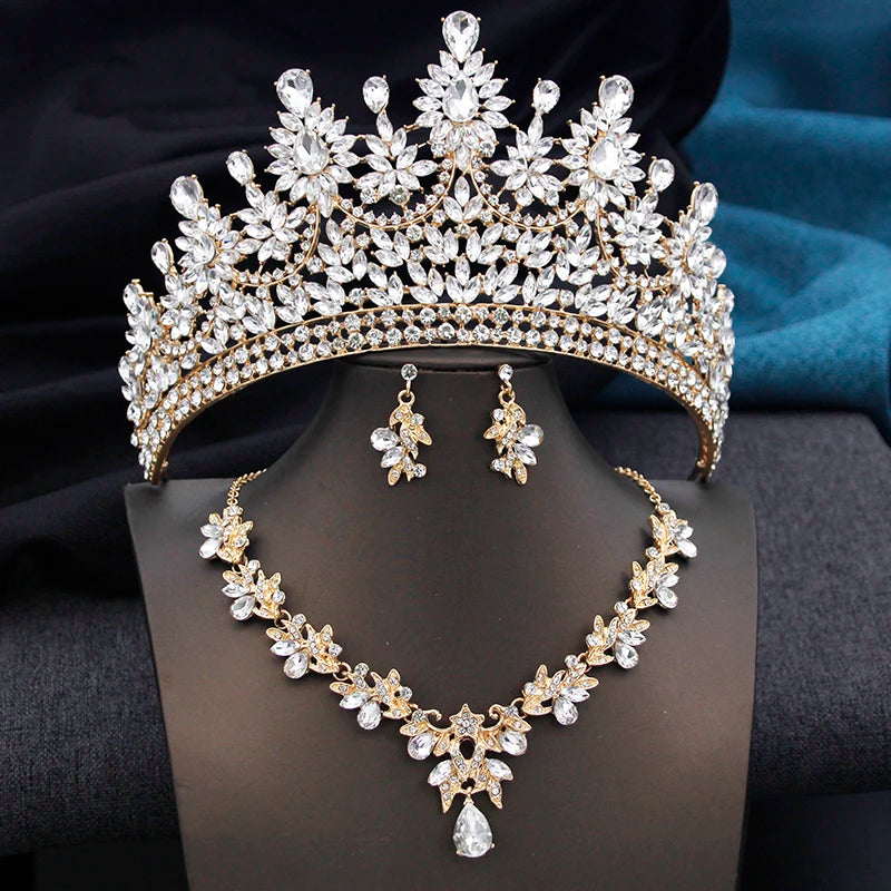 High Opal Pink Tiaras and necklace earrings Bridal Jewelry Sets for Women Brides Wedding Crown Prom Birthday Costume Accessories