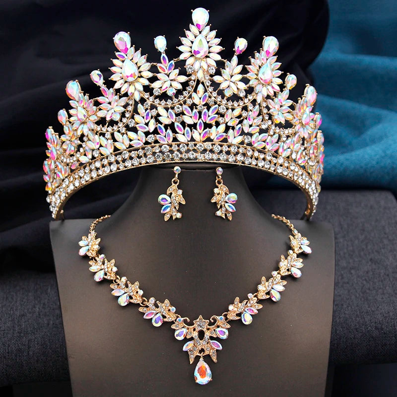 High Opal Pink Tiaras and necklace earrings Bridal Jewelry Sets for Women Brides Wedding Crown Prom Birthday Costume Accessories