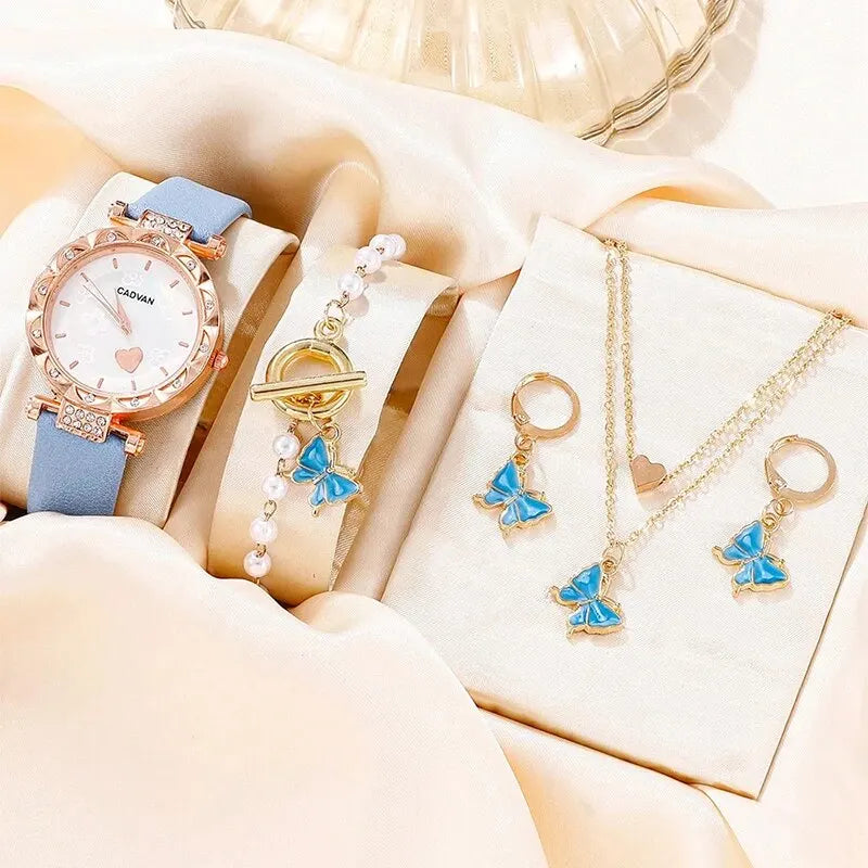 5Pcs Set Fashion Women Watches Leather Strap Watch Ladies Elegant Quartz Watches for Women Luxury Blue Simple Round Watches