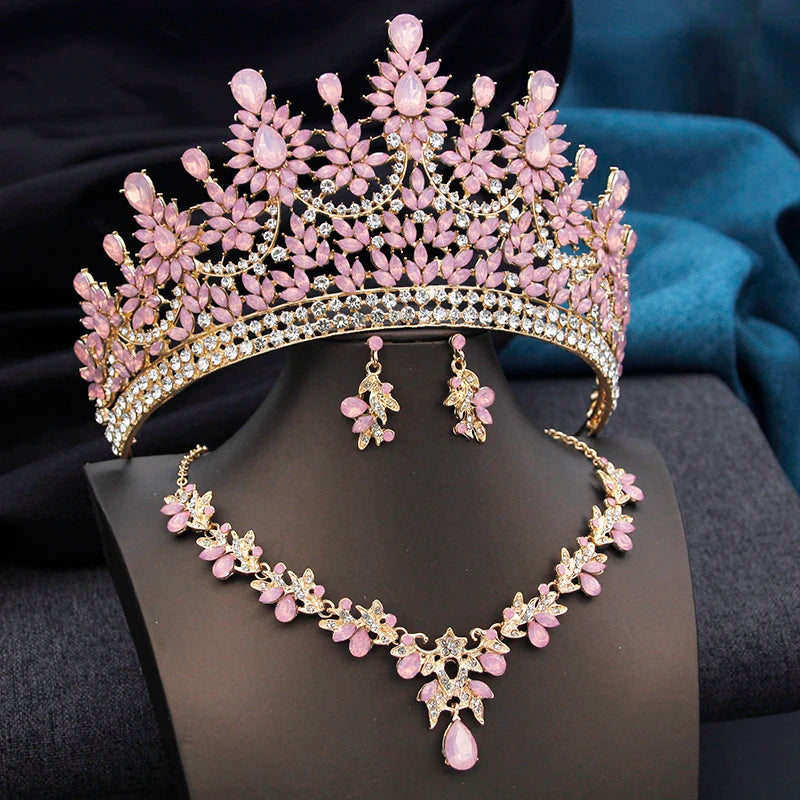 High Opal Pink Tiaras and necklace earrings Bridal Jewelry Sets for Women Brides Wedding Crown Prom Birthday Costume Accessories