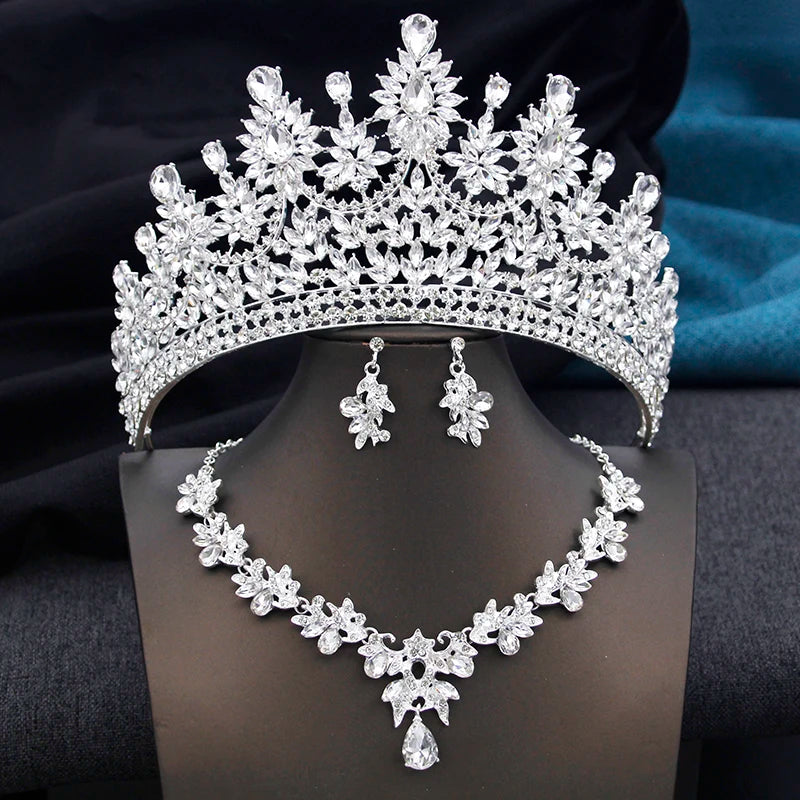 High Opal Pink Tiaras and necklace earrings Bridal Jewelry Sets for Women Brides Wedding Crown Prom Birthday Costume Accessories