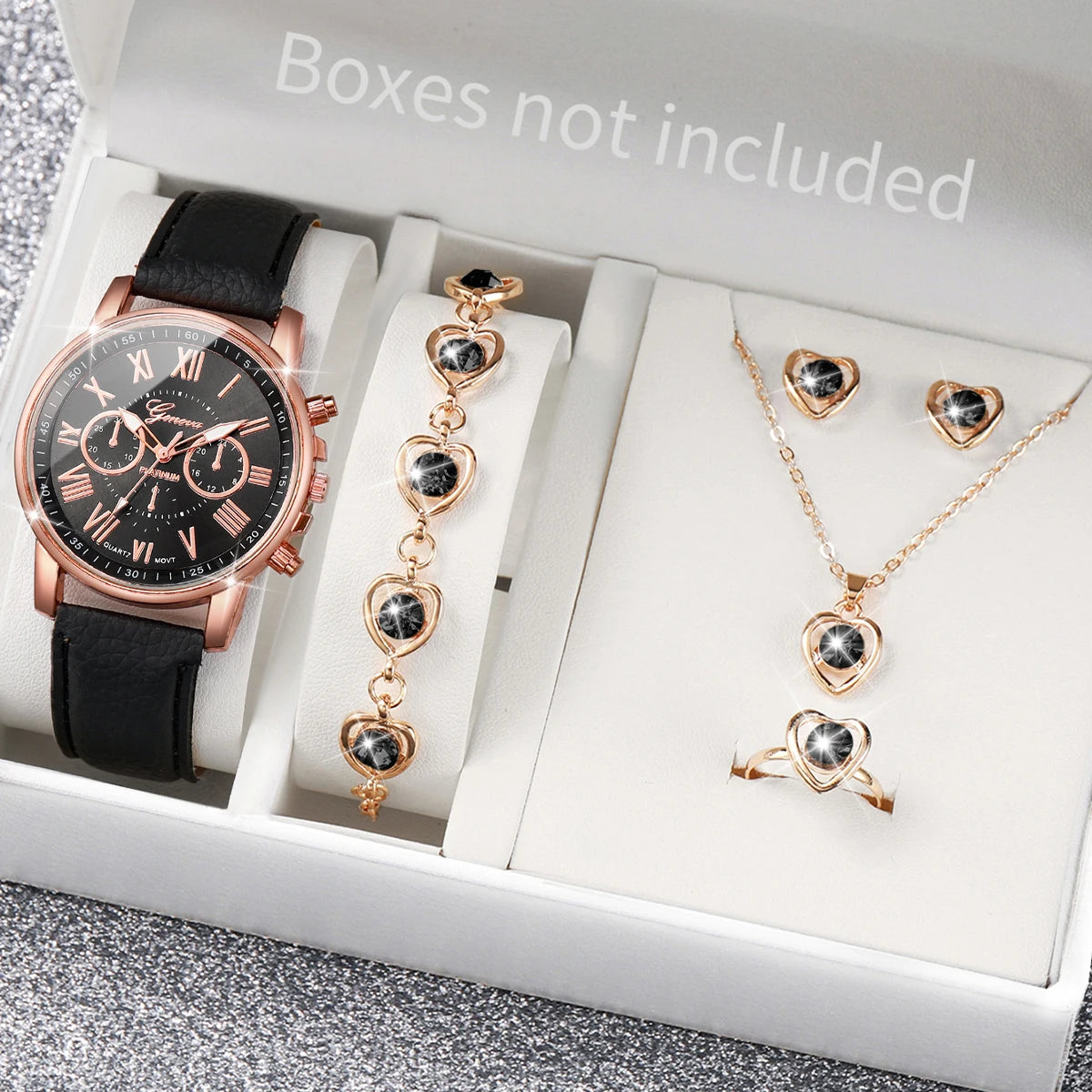 6PCS/Set Fashion Women's Quartz Watch Leather Band Analog Wrist Watches Heart Rhinestone Jewelry Set(Without Box)