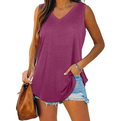 Womens Tank Tops V Neck Basic Solid Color Casual Flowy Summer Sleeveless