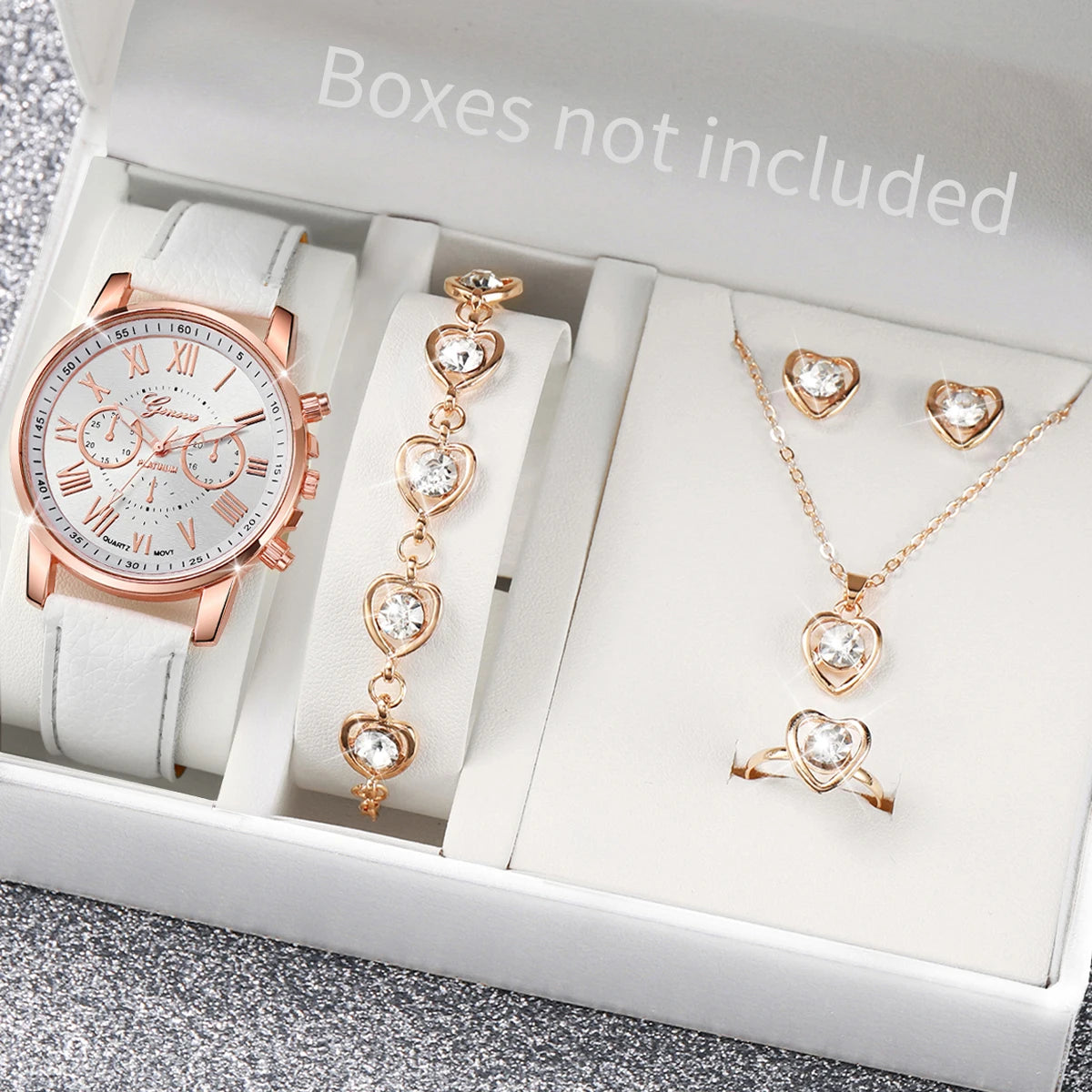 6PCS/Set Fashion Women's Quartz Watch Leather Band Analog Wrist Watches Heart Rhinestone Jewelry Set(Without Box)