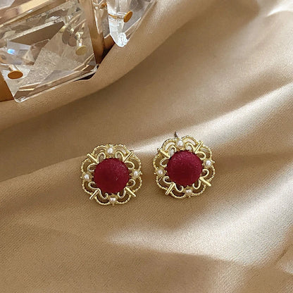 Vintage Dripping Oil Wine Red Retro Stud Earrings For Women Korean Pearl Flower Heart Shape Geometric Earring High Sense Jewelry