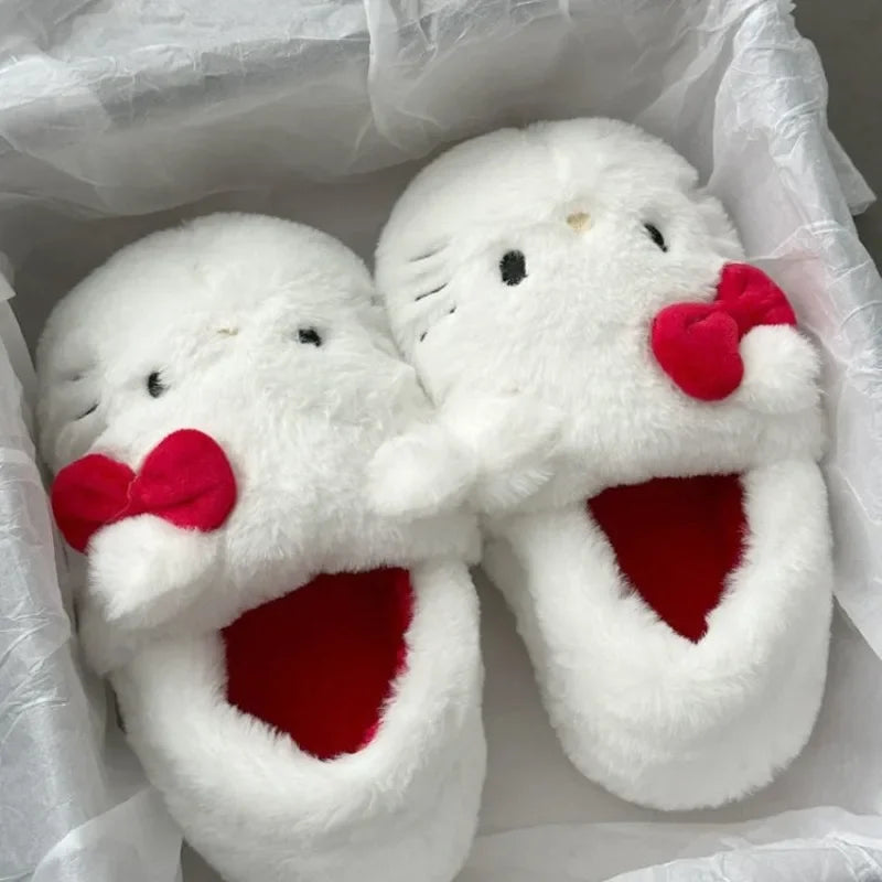 Non-slip warm slippers with funny cartoon design for home interior.