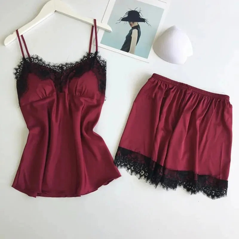 Two PCS New Summer Women's V-Neck Sexy Lace Pajama Set Women's Sexy Lace Suspender Top and Shorts Casual Home Pajamas