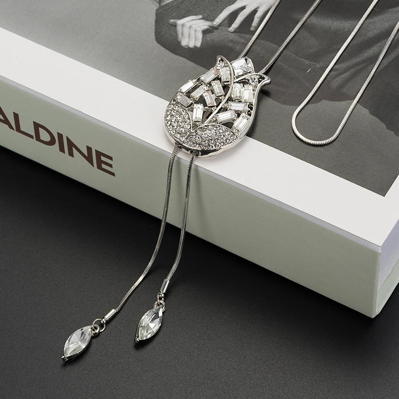 Fashion Unique Hollow Crystal Blue Shampee Tulip Pendant Sweater Necklace Silver Color Chain Long Necklace for Women