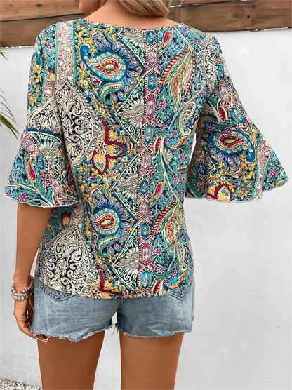 Paisley Print Flare Sleeve Blouse Vintage Crew Neck Blouse For Spring  Fall Women's Clothing