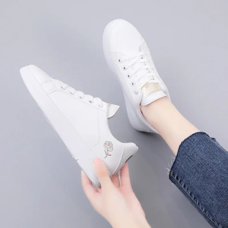 Women's Flower Embroidery Fashion Lace-up White Sneakers