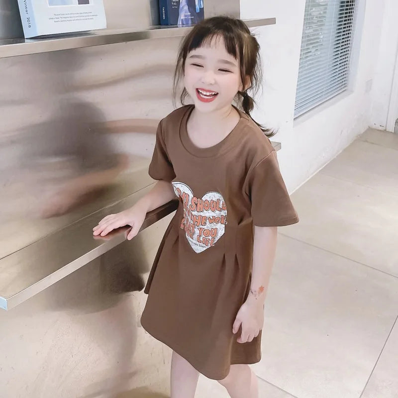 Family Clothing Summer Leisure Love Short Sleeved Dress Fashionable Brown Waist Collection Mother and Daughter Clothing