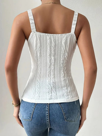 Women Summer Fashion Casual Gold Button Chain V-neck Sling Tops White Texture  Knit Solid Vest female top alças mulher