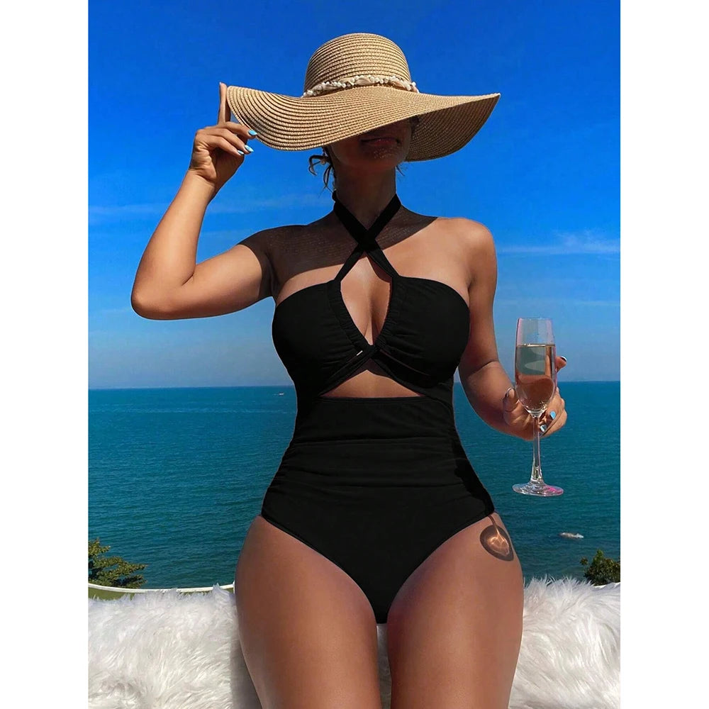 Drawstring One-piece Women Swimsuit 2025 Swimwear Female High Waisted Bikini Bandeau Halter Bathing Suit Swimming for Monokini