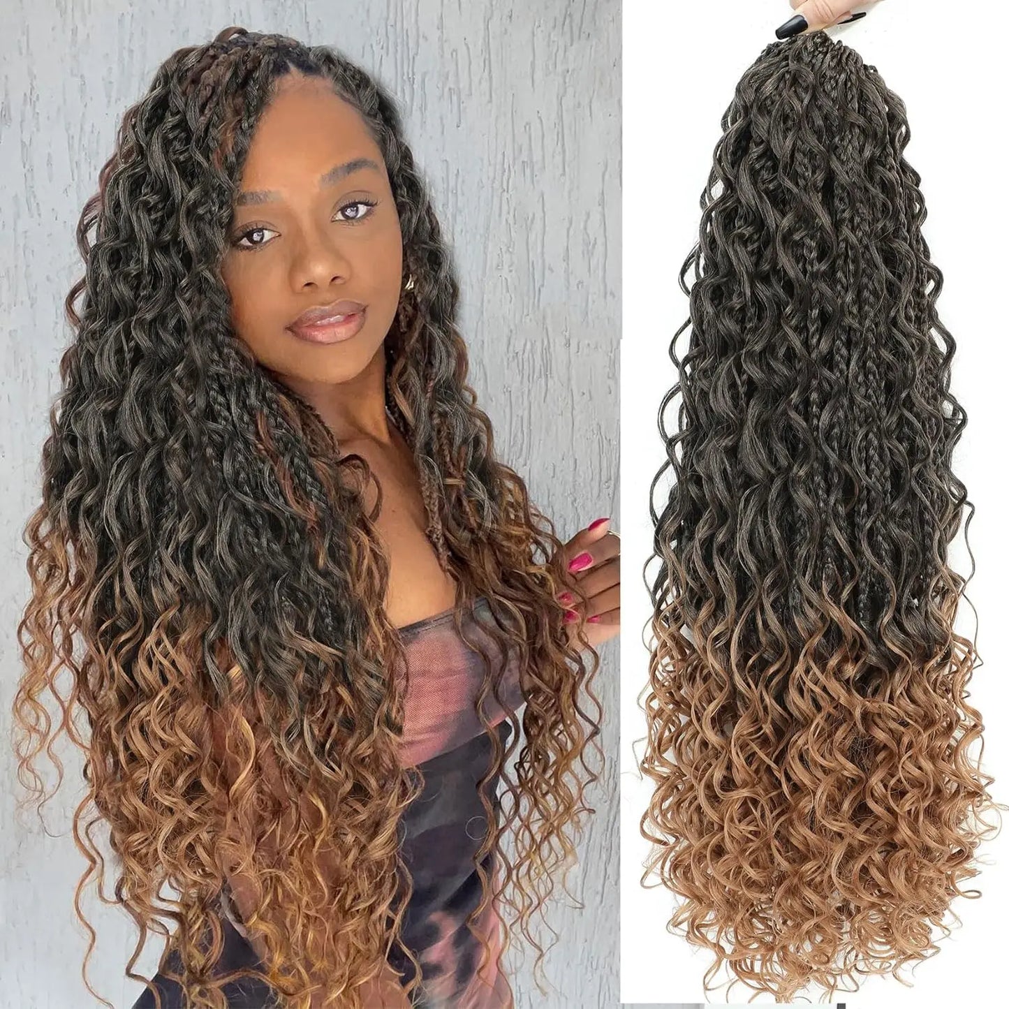 Goddess Boho Box Braids Crochet Hair With Curly Ends 1PCS Synthetic Pre Looped Crochet Box Braiding Hair Extensions for Women