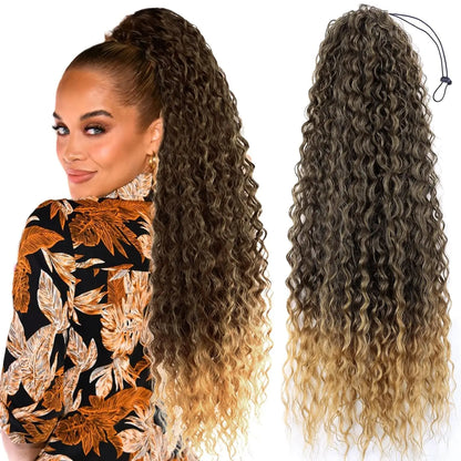 22Inch Synthetic Curly Ponytail Hair Extensions For Women Black Drawstring Ponytail Hair Extension Natural Water Wave Ponytail