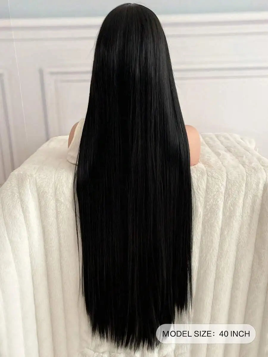 woman's black super long 40Inch synthetic wig with long straight hair with no bangs in the middle is suitable for Halloween part