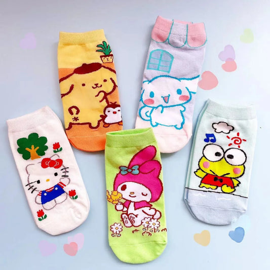 5Pcs Kawaii Sanrio Hello Kitty My Melody Cinnamoroll Cartoon Boat Socks Ventilate Short Socks Thin Cotton Christmas Girl Gift