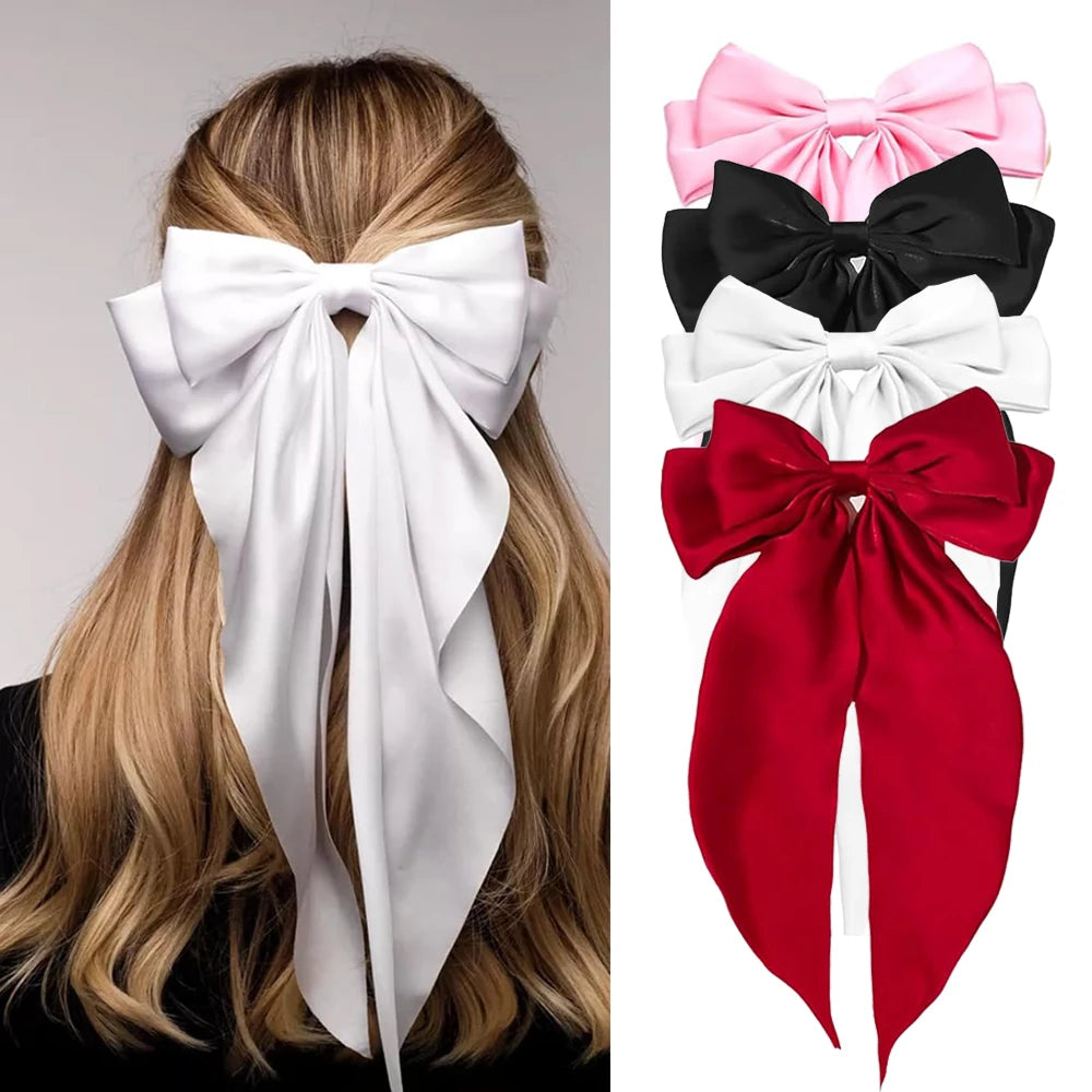 4Pcs Women Large Bow Hair Clip Girls Chiffon Big Bow Hairpins Satin Barrette Women Solid Color Ponytail Clip Hair Accessories