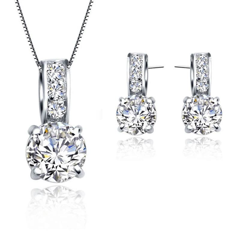 Set Classic Cubic Zircon Crystal Pendant  Necklace Stud Earrings for Women Girls Gift