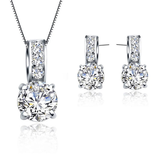 Set Classic Cubic Zircon Crystal Pendant  Necklace Stud Earrings for Women Girls Gift