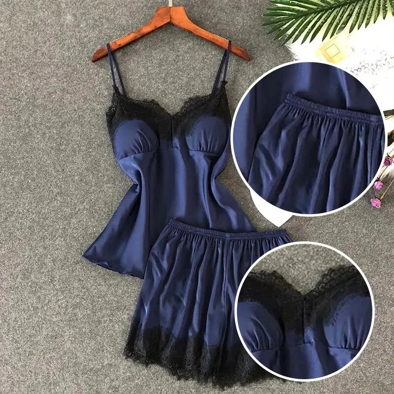 Two PCS New Summer Women's V-Neck Sexy Lace Pajama Set Women's Sexy Lace Suspender Top and Shorts Casual Home Pajamas