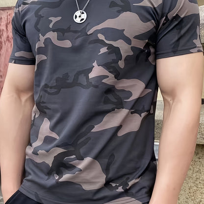 Men's Camouflage Print Short Sleeve T-shirt, Outdoor Athletic Tees For Males